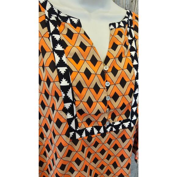 Thml Anthro orange geometric peasant boho blouse split neck cottagecore M EUC ^^ - Picture 3 of 7